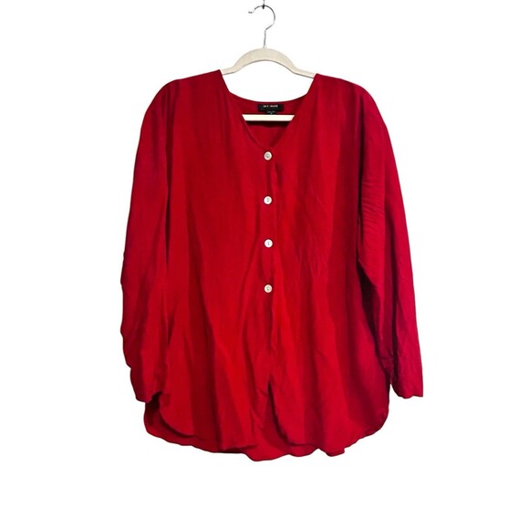 Vtg Silk House Women's Red Silk Blouse M Brown Button Up Loose Rounded Hem - Picture 1 of 10